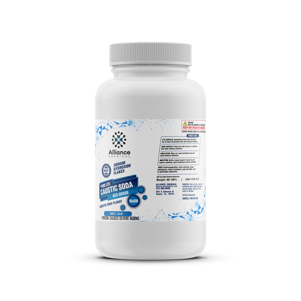 2-lb NaOH caustic soda flakes, ACS-grade, in HDPE bottle with NSF certification, hazard warnings, Alliance Chemical