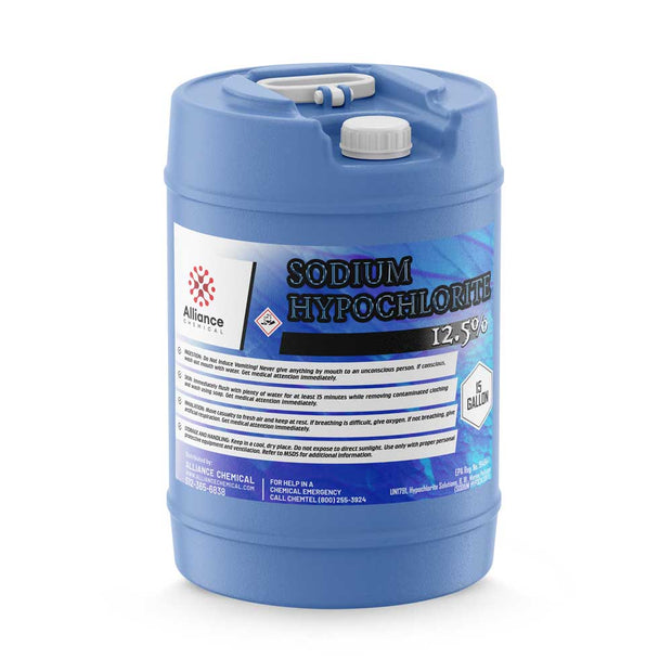 One 15-gallon HDPE pail of Alliance Chemical Sodium Hypochlorite 12.5% with a white cap and blue handle.