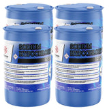 Four 55-gallon plastic drums of Alliance Chemical Sodium Hypochlorite 12.5% with blue lids and safety labels.