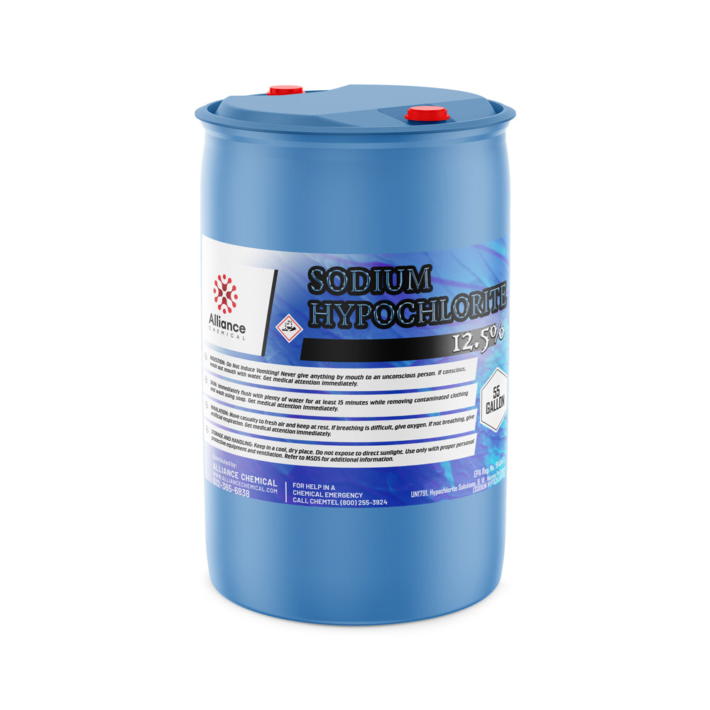 55-gallon HDPE drum of 12.5% sodium hypochlorite solution dual red caps, and Alliance Chemical branding