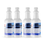 32-oz bottles of Sodium Hypochlorite 12.5%, HDPE containers blue labels, hazard symbols, Alliance Chemical brand