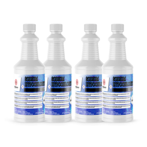 32-oz bottles of Sodium Hypochlorite 12.5%, HDPE containers blue labels, hazard symbols, Alliance Chemical brand