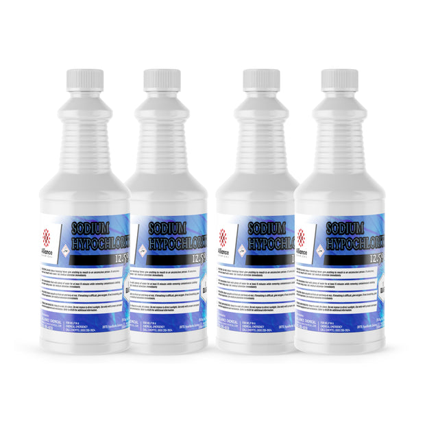 1-quart plastic bottles of 12.5% Sodium Hypochlorite industrial bleach solution, white ribbed containers, Alliance Chemical