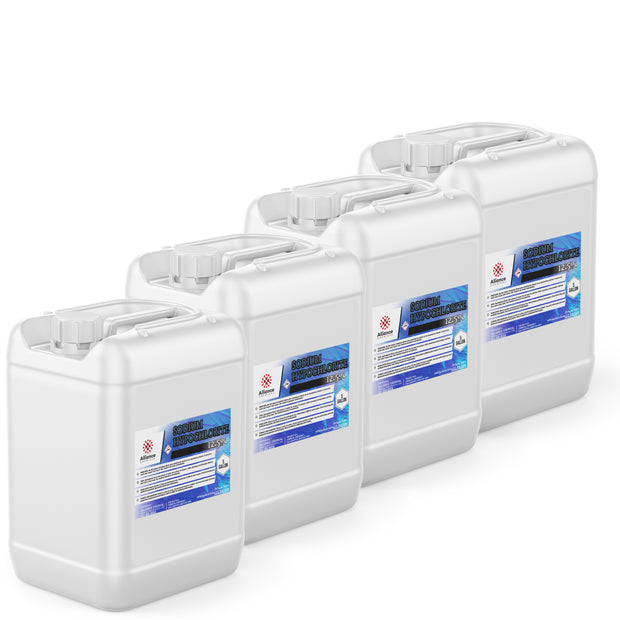 Four 5-gallon HDPE jugs of Alliance Chemical Sodium Hypochlorite 12.5% with white caps, handles, and labels
