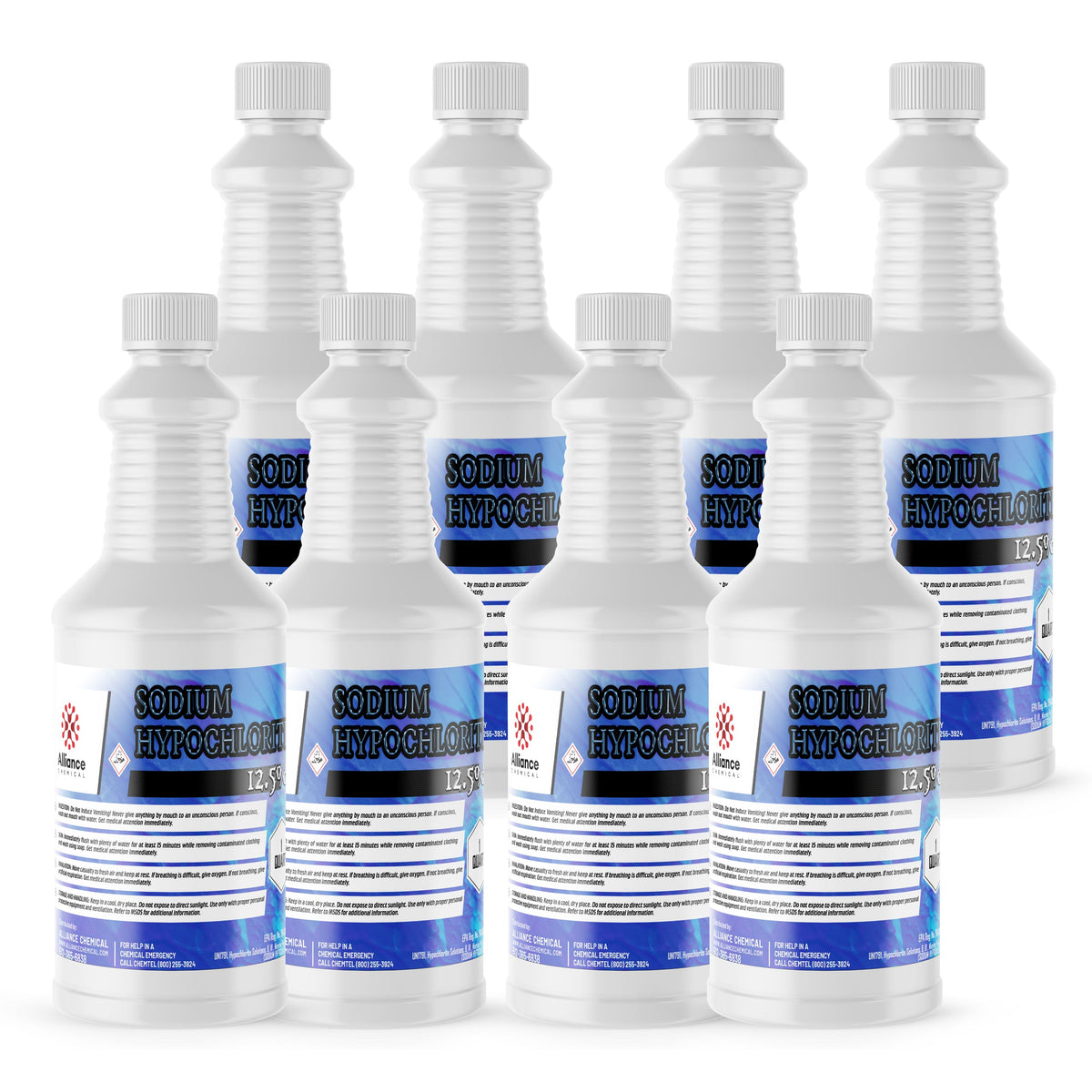 Eight Alliance Chemical 1-quart HDPE jugs of Sodium Hypochlorite 12.5% with white screw caps and product labels