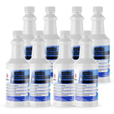 Eight Alliance Chemical 1-quart HDPE jugs of Sodium Hypochlorite 12.5% with white screw caps and product labels