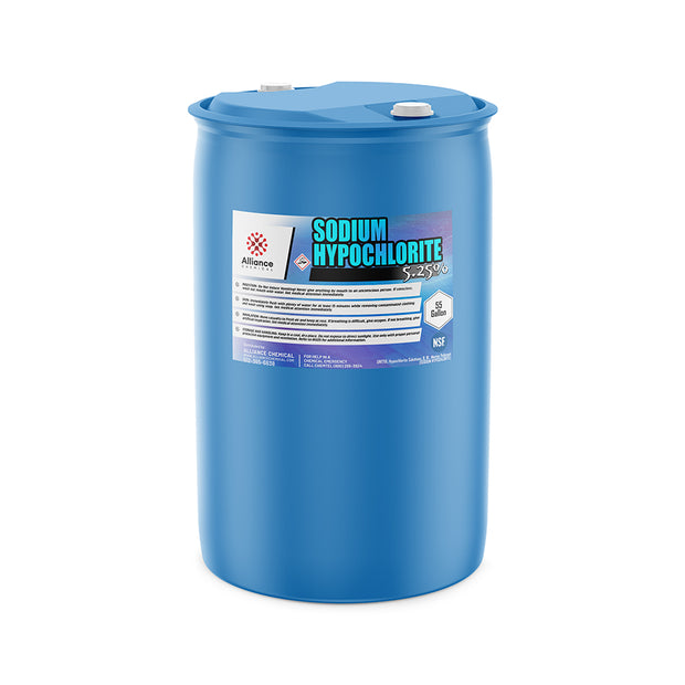 55-gallon HDPE drum of Alliance Chemical 5.25% sodium hypochlorite solution, NSF-certified, with industrial hazard label