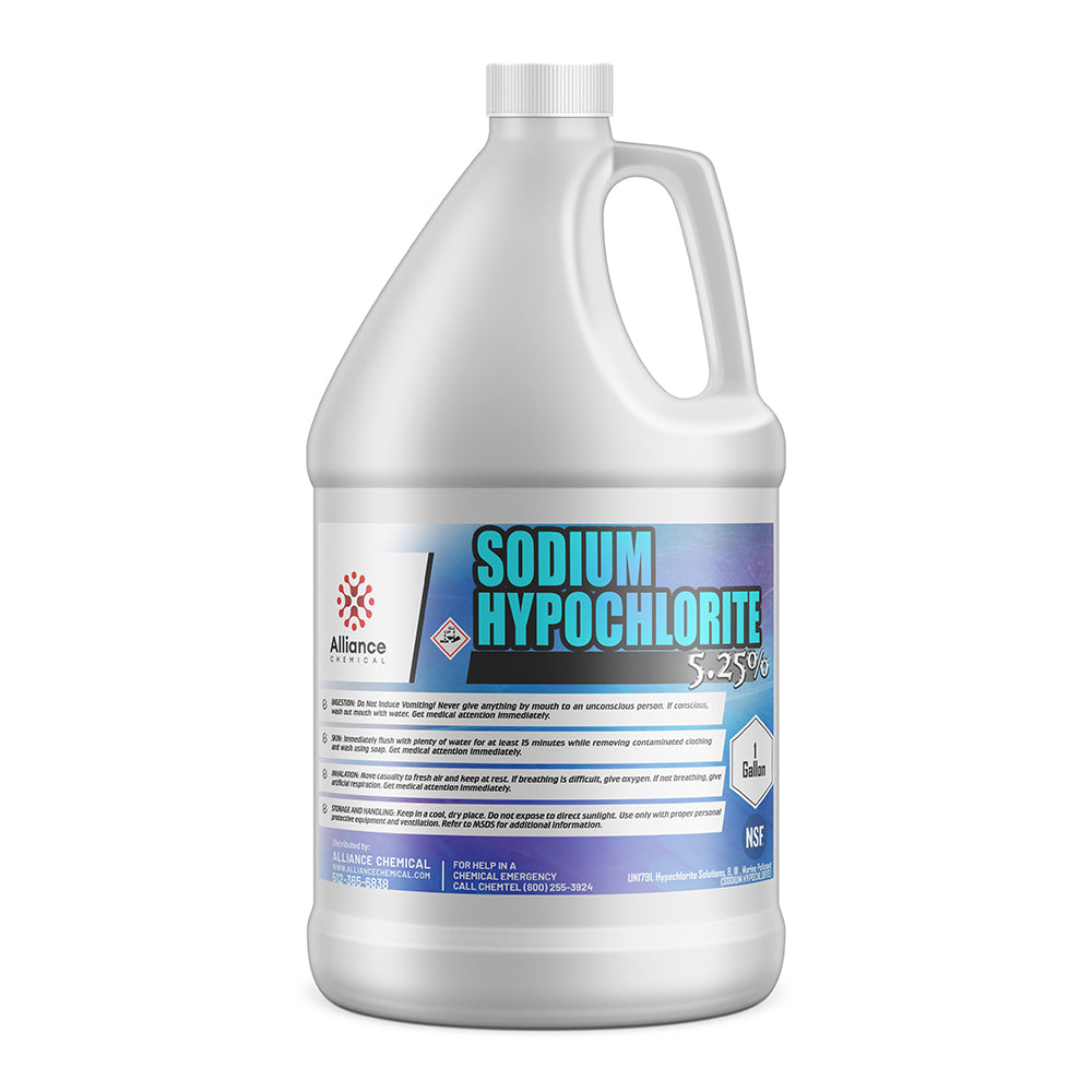 One-gallon HDPE container of 5.25% sodium hypochlorite solution by Alliance Chemical