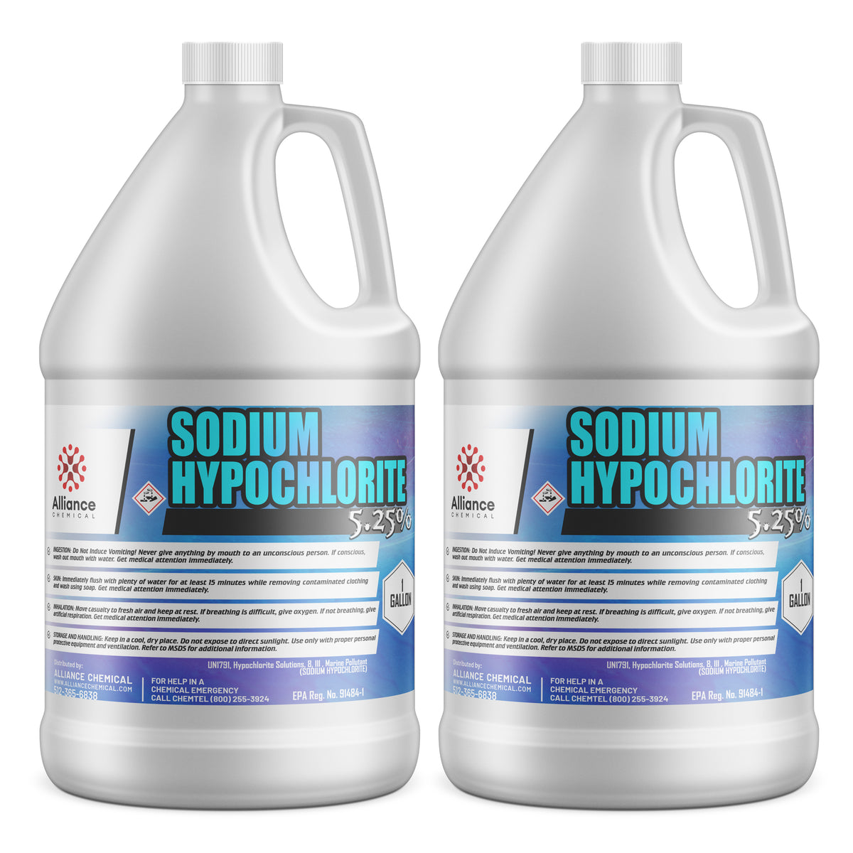 1-gallon HDPE jugs of Alliance Chemical 5.25% Sodium Hypochlorite solution, safety instructions, and EPA registration