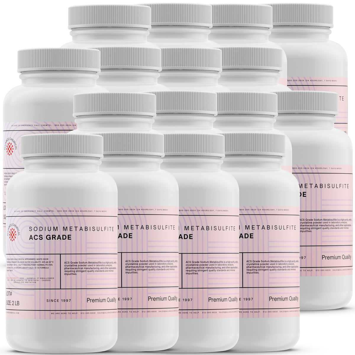 Alliance Chemical sodium metabisulfite ACS grade in white 2-pound plastic container with gray cap
