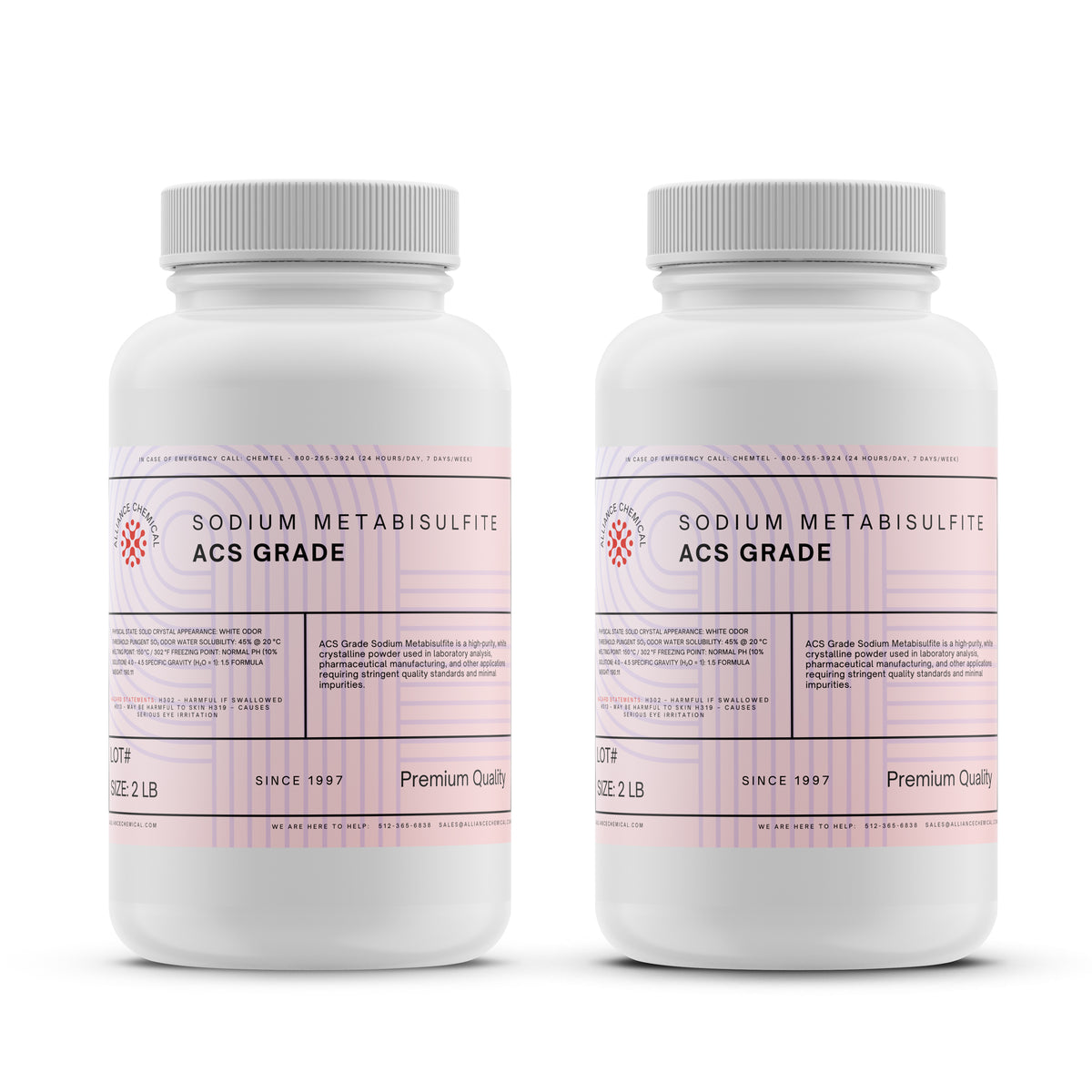 Alliance Chemical sodium metabisulfite ACS grade in white 2-pound plastic container with screw cap