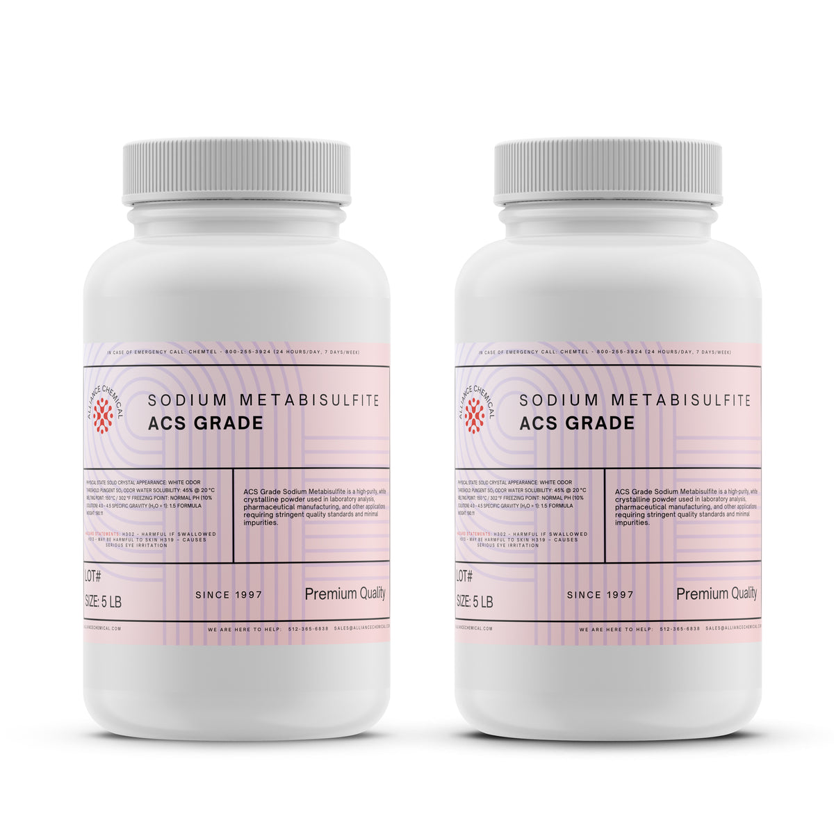 Alliance Chemical sodium metabisulfite ACS grade in white 5-pound plastic container with twist cap
