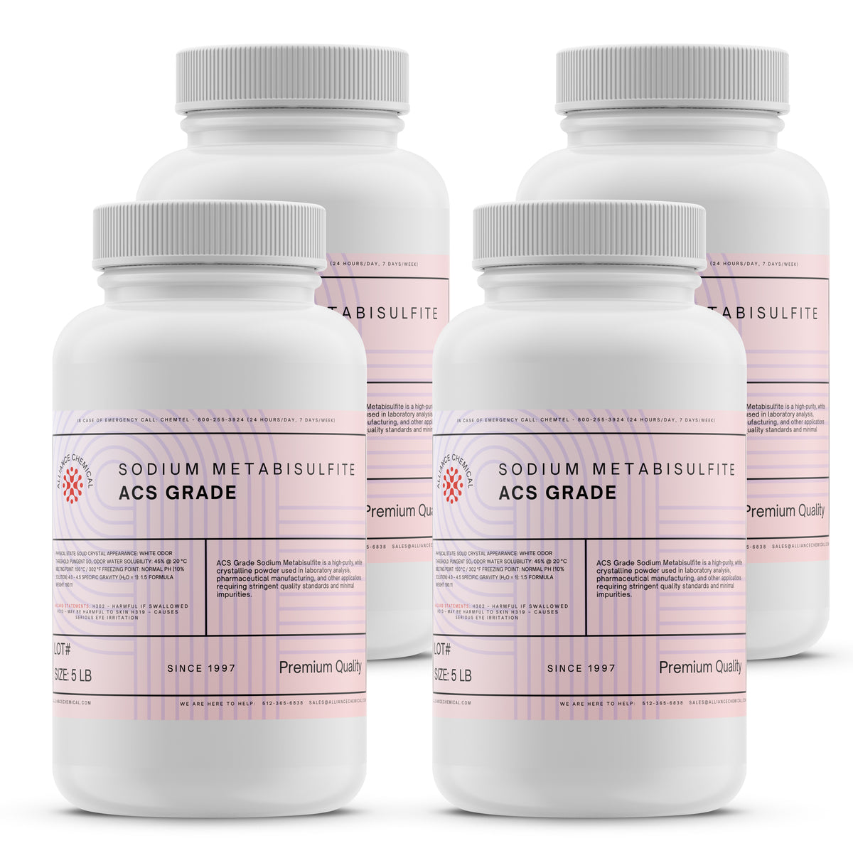 Alliance Chemical sodium metabisulfite ACS grade in white 5-pound plastic container with gray screw cap