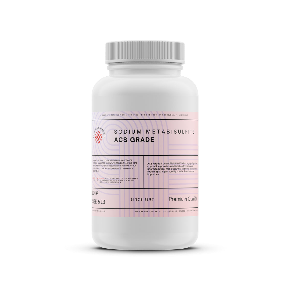 Alliance Chemical sodium metabisulfite ACS grade in white 5-pound plastic container with screw cap