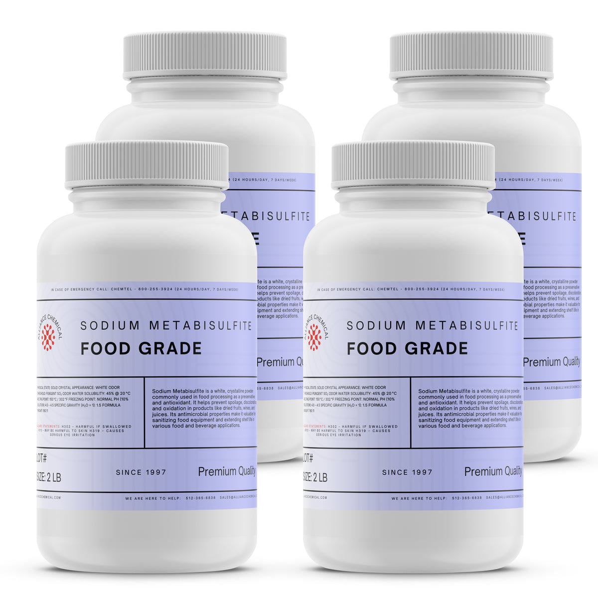 Alliance Chemical sodium metabisulfite food grade in white 2-pound plastic container with screw cap