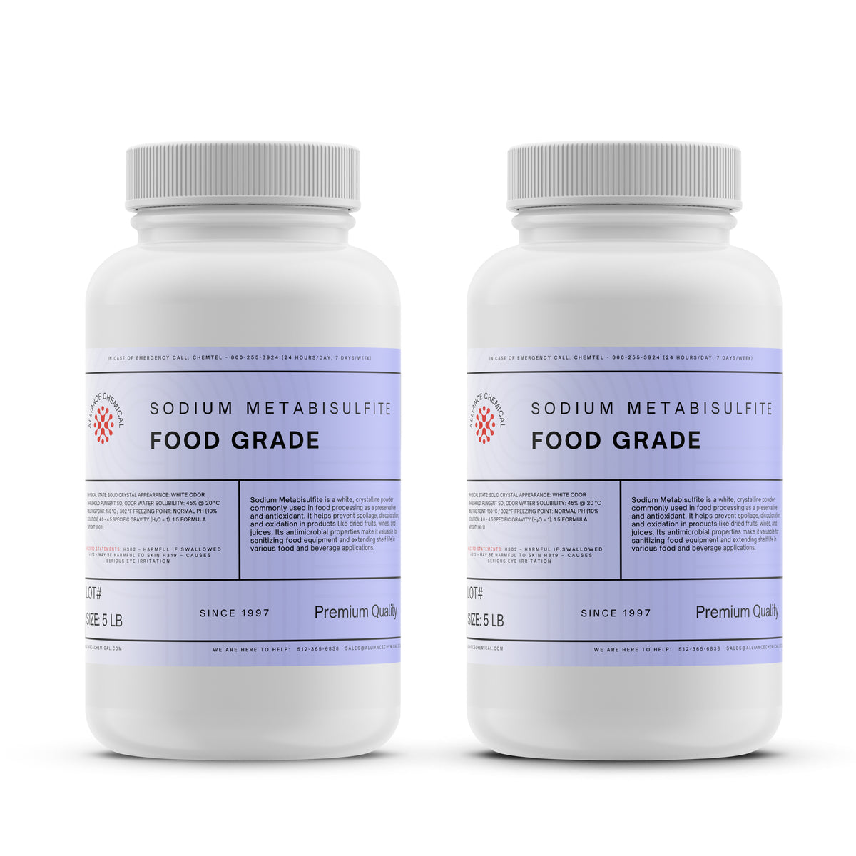 Alliance Chemical sodium metabisulfite food grade in white 5-pound plastic container with secure lid