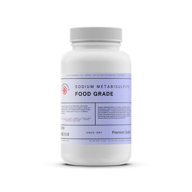 One 5-lb plastic bottle of Alliance Chemical Sodium Metabisulfite Food Grade with a white screw cap and product label.