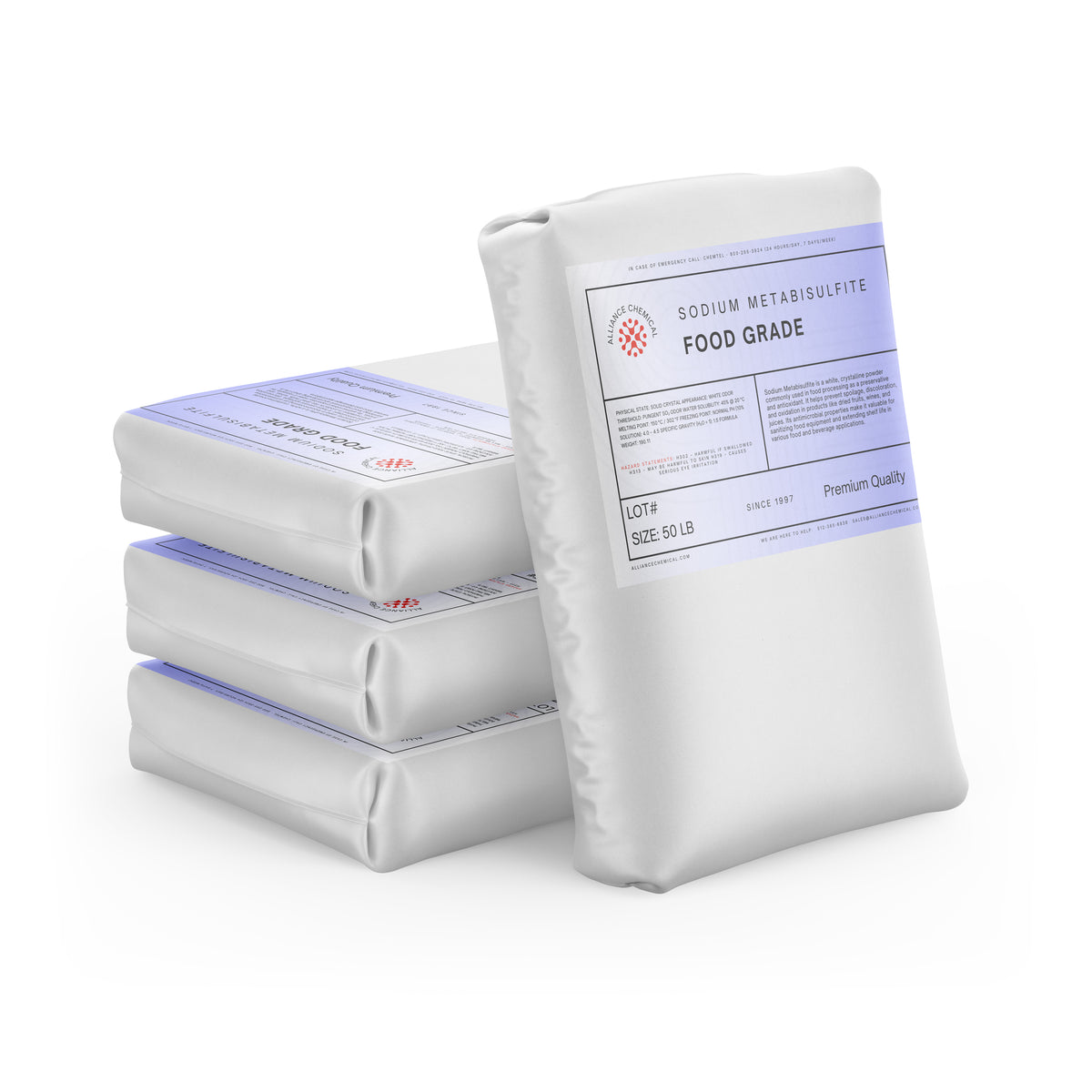 Four 50 lb bags of Alliance Chemical Sodium Metabisulfite Food Grade with white plastic packaging and product label.