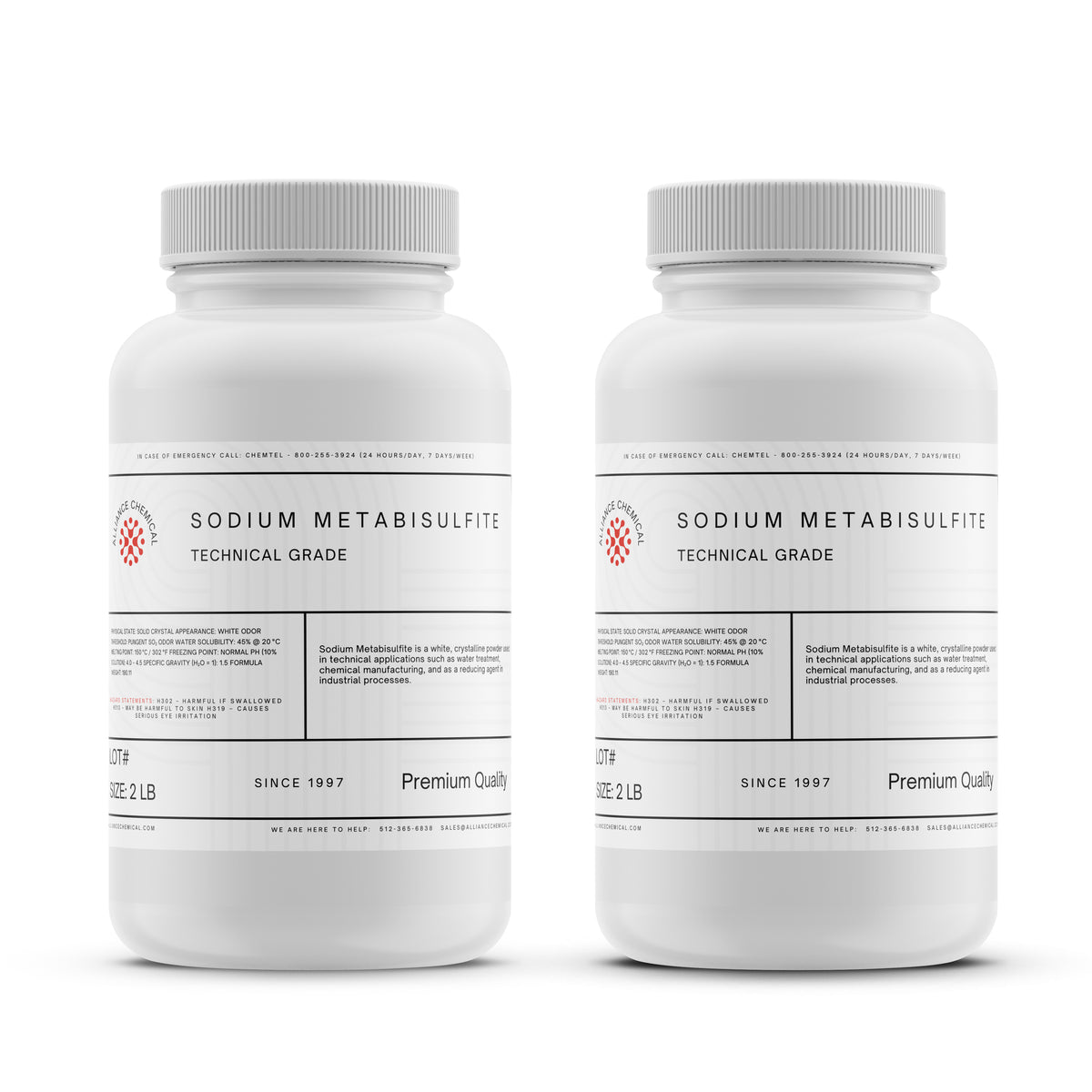 Alliance Chemical sodium metabisulfite technical grade in white 2-pound HDPE container with secure screw cap
