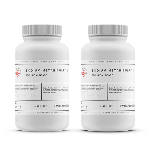 Alliance Chemical sodium metabisulfite technical grade in white 2-pound HDPE container with secure screw cap