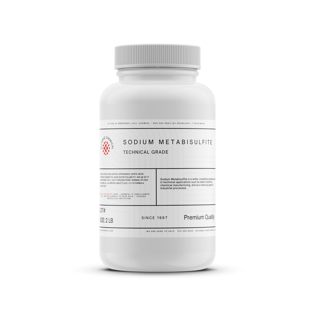 Alliance Chemical sodium metabisulfite technical grade in white 2-pound plastic container with screw-on cap