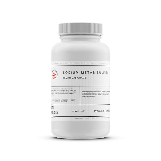 Alliance Chemical sodium metabisulfite technical grade in white 2-pound plastic container with screw-on cap