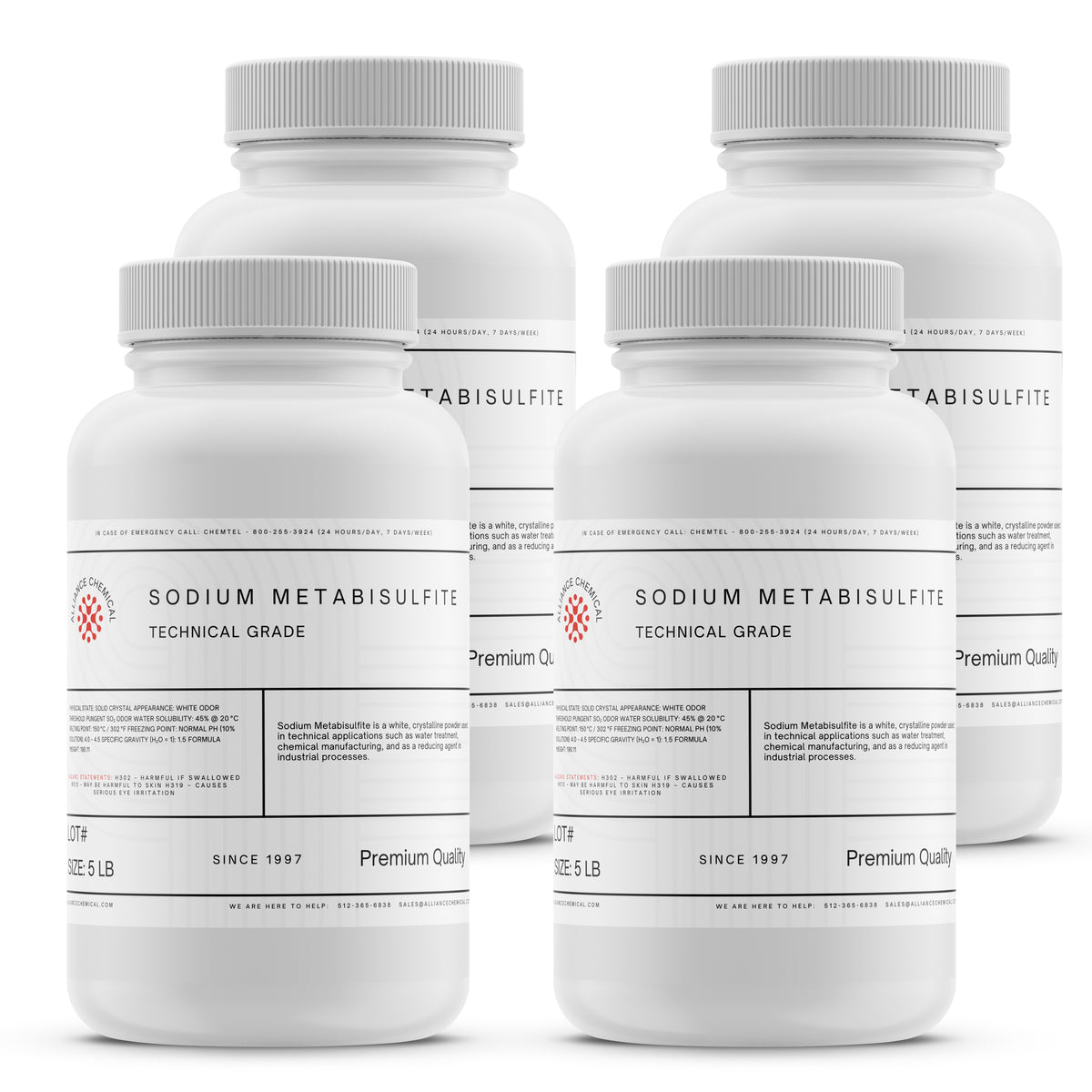 Alliance Chemical sodium metabisulfite technical grade in white 5-pound plastic container with twist-off cap