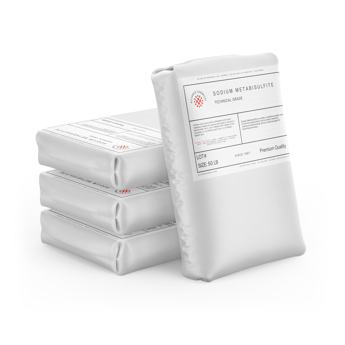 Four 50-lb bags of Alliance Chemical Sodium Metabisulfite Technical Grade with white packaging and product labels.