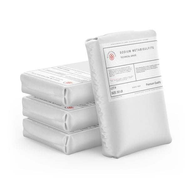 Four 50-lb bags of Alliance Chemical Sodium Metabisulfite Technical Grade with white packaging and product labels.
