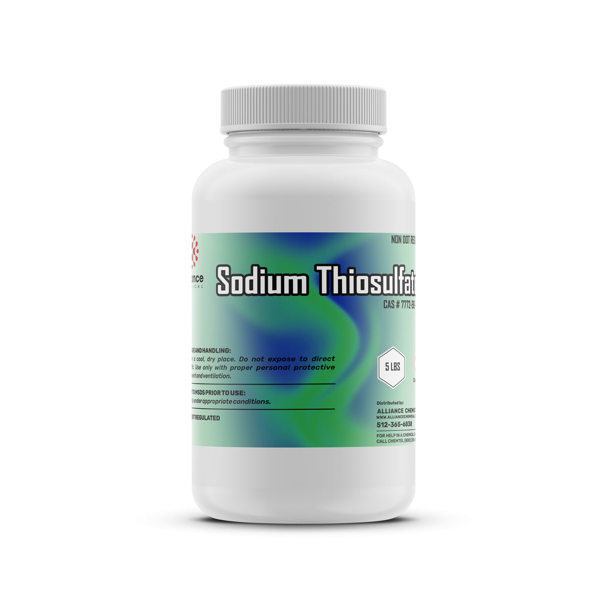5-lbs plastic bottle of Alliance Chemical Sodium Thiosulfate with a white screw cap and product label.
