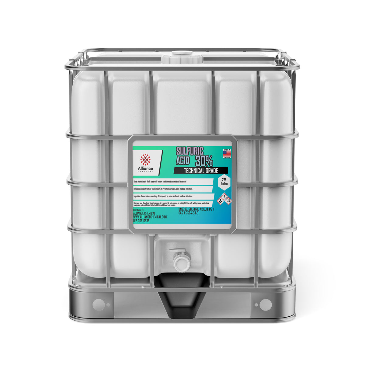 One 275-gallon tote of Alliance Chemical Sulfuric Acid 30% with a metal cage, plastic container, and product label.