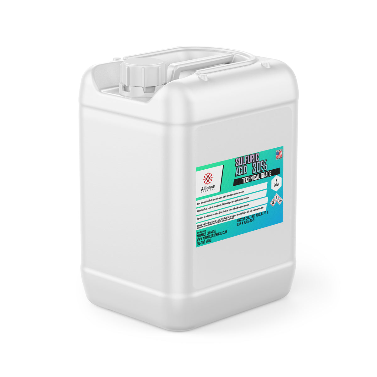 5-gallon HDPE container of technical-grade 30% sulfuric acid with Alliance Chemical branding, turquoise hazard label