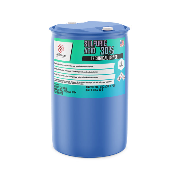 55-gallon HDPE drum of technical-grade 30% sulfuric acid by Alliance Chemical