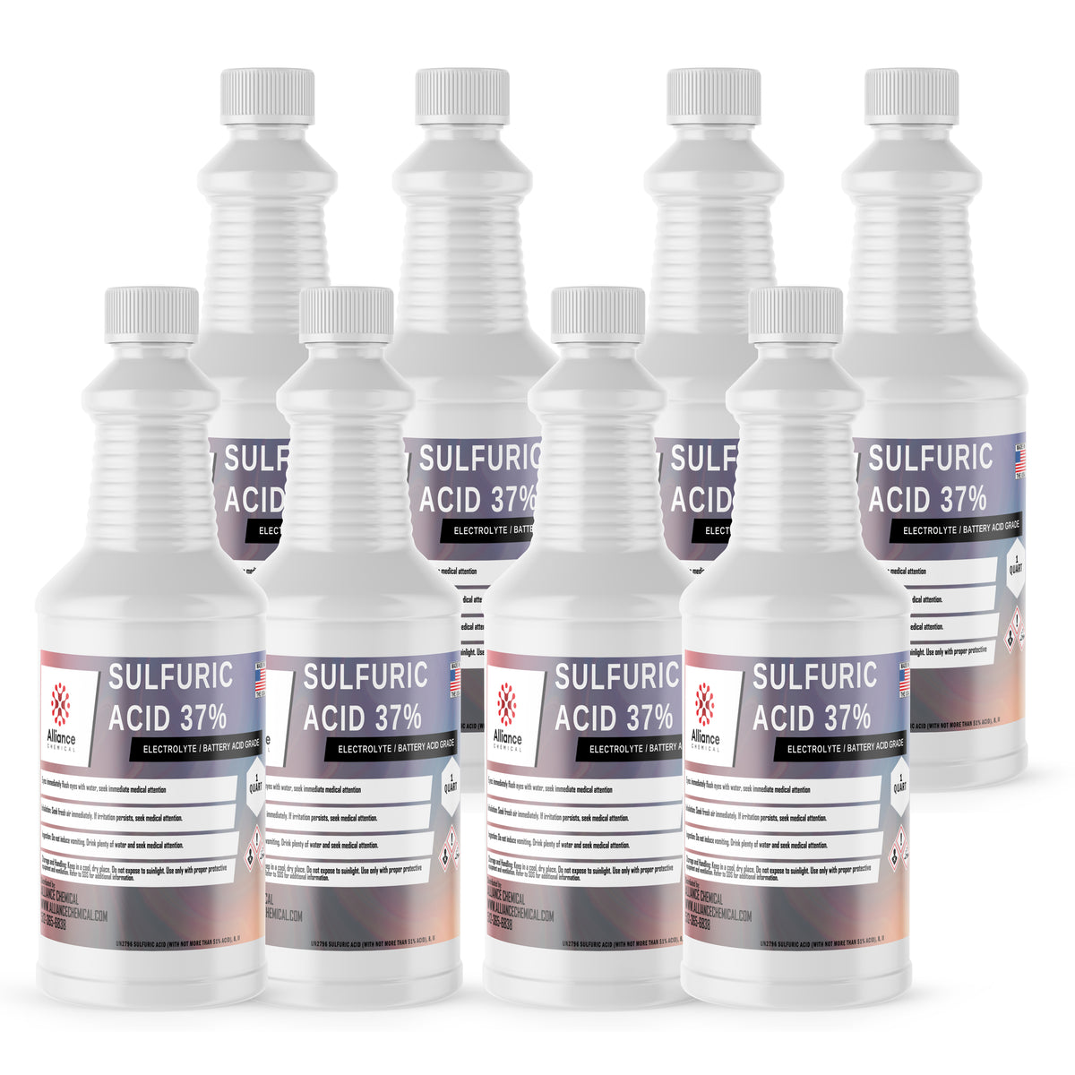 Eight 1-quart HDPE bottles of Alliance Chemical Sulfuric Acid 37% - Battery Acid with white caps and product labels.