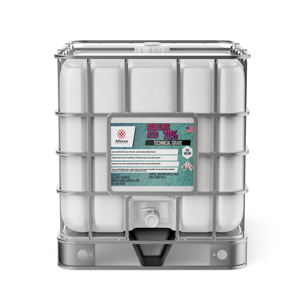 275-gallon IBC tote of technical-grade 70% sulfuric acid in HDPE container , integrated spigot and Alliance Chemical labeling