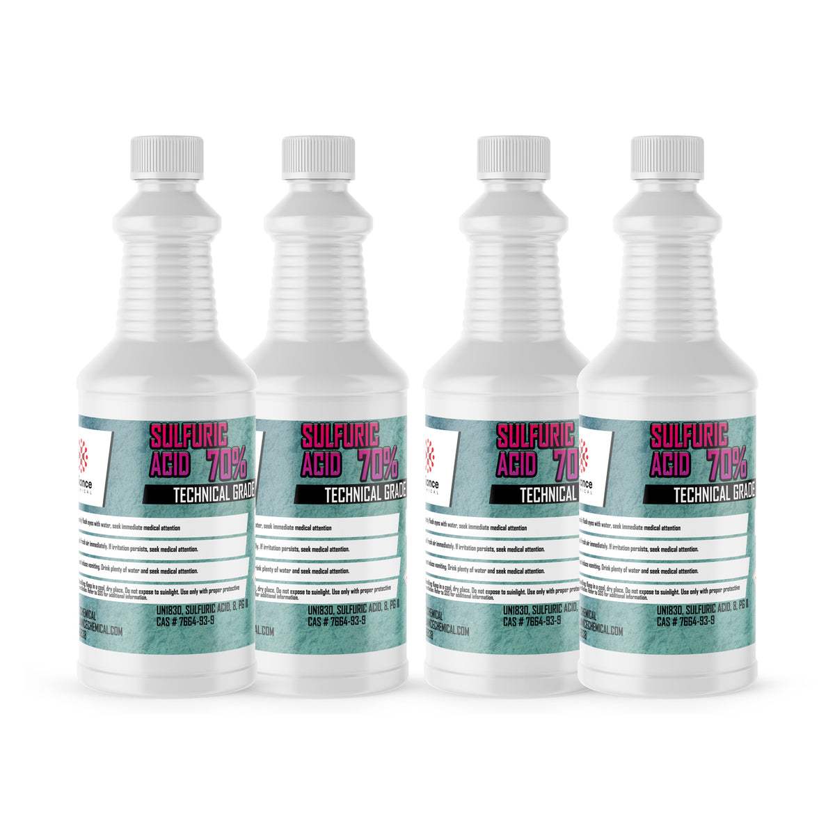 Four 1-quart plastic bottles of Alliance Chemical Sulfuric Acid 70% with white ribbed caps and product labels.