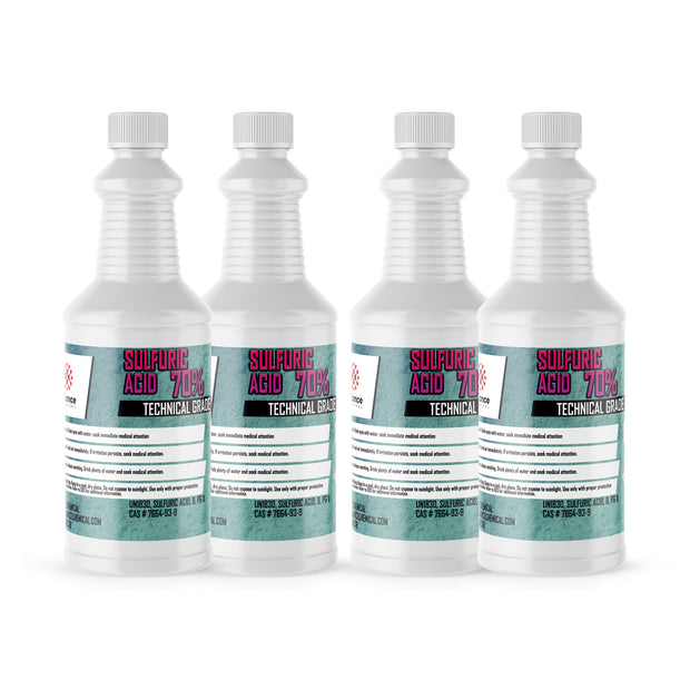 Four 1-quart plastic bottles of Alliance Chemical Sulfuric Acid 70% with white ribbed caps and product labels.