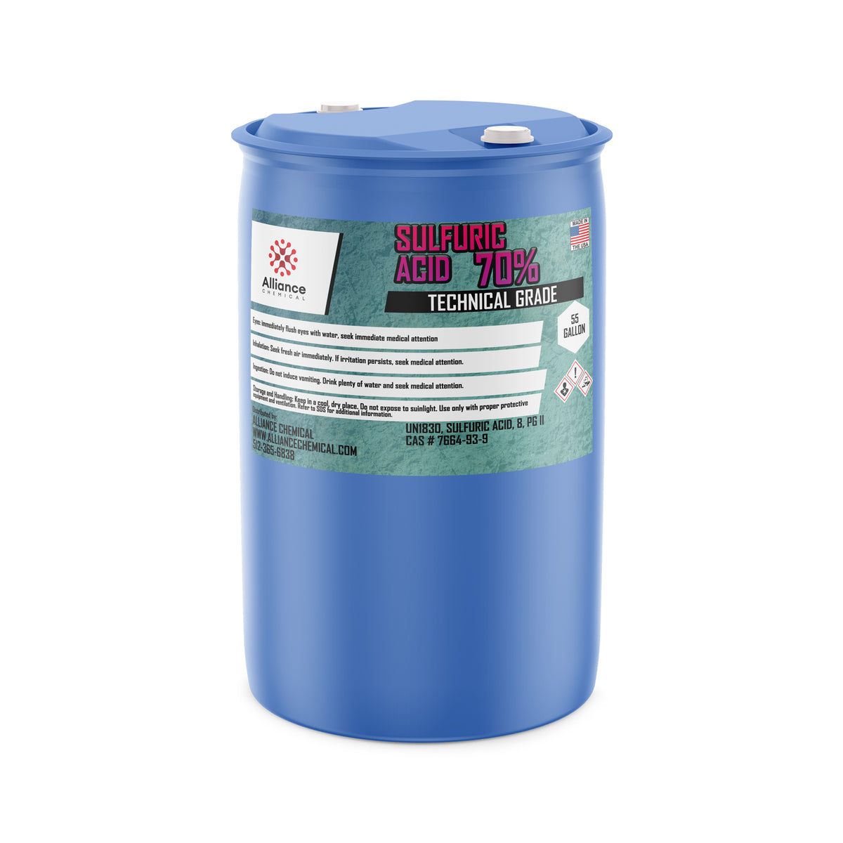 55-gallon HDPE drum of 70% technical-grade sulfuric acid by Alliance Chemical