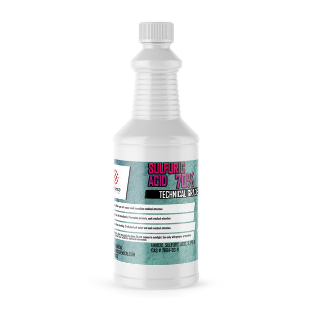 1-quart plastic bottle of Alliance Chemical Sulfuric Acid 70% with a ribbed neck, white screw cap, and product label.