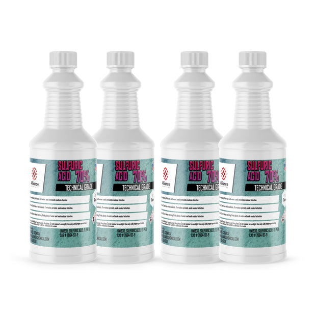 Four 1-quart plastic bottles of Alliance Chemical Sulfuric Acid 70% with white screw caps and product labels.