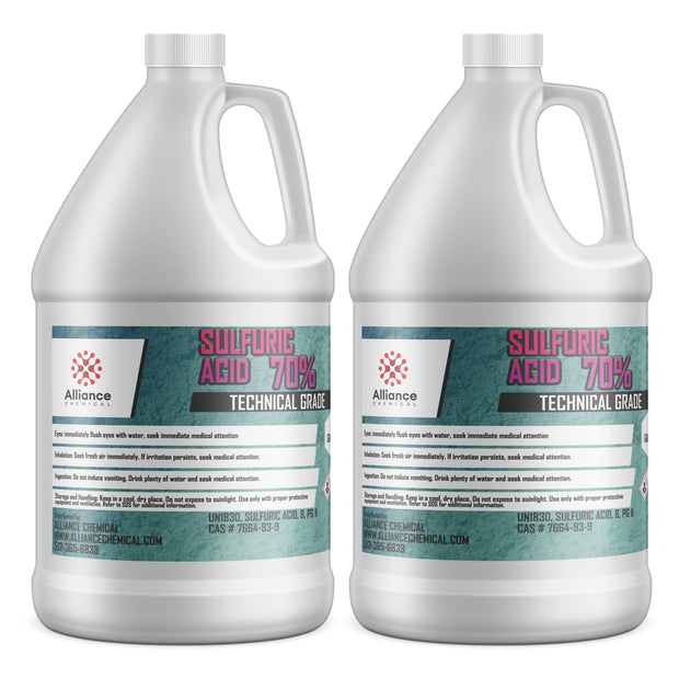 Two 1-gallon HDPE jugs of Alliance Chemical Sulfuric Acid 70% with white screw caps, labels, and integrated handles