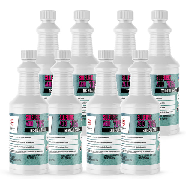 Seven 1-quart plastic bottles of Alliance Chemical Sulfuric Acid 70% with white screw caps and product labels.