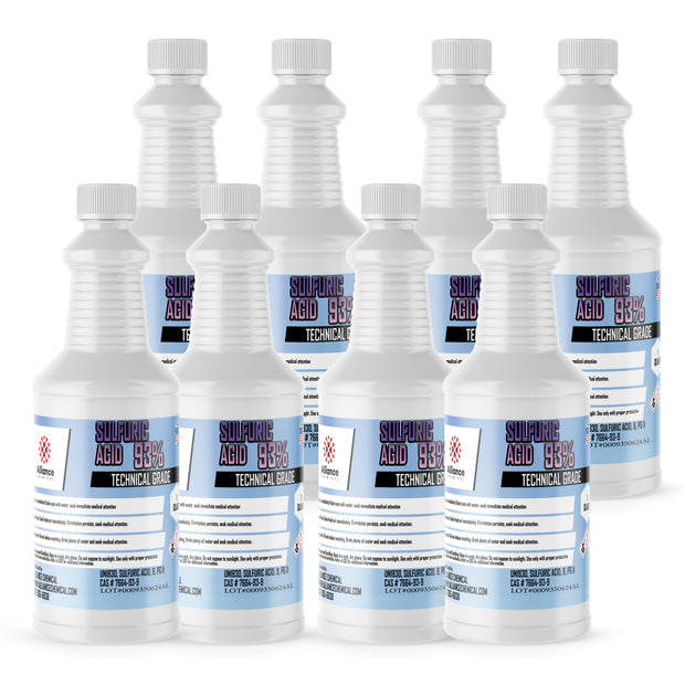 Seven 1-quart plastic bottles of Alliance Chemical Sulfuric Acid 93% Technical Grade with white screw caps and labels.