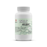 2-lb ACS-grade talc powder in HDPE bottle with safety handling instructions, hexagonal molecular pattern, Alliance Chemical