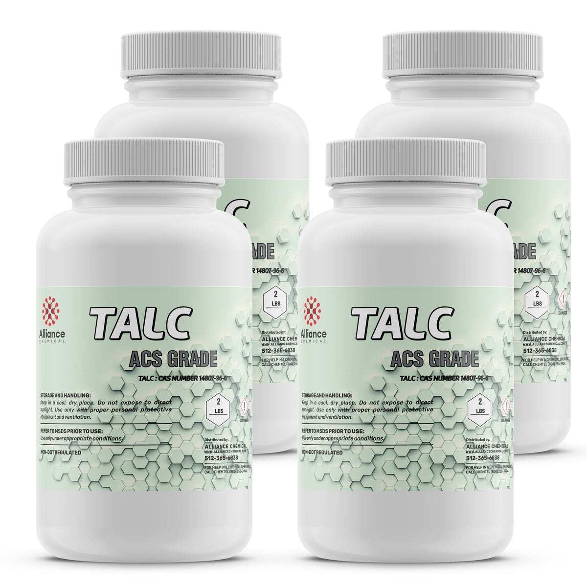 2-lb bottles of ACS-grade talc powder in HDPE containers with safety handling instructions, hexagonal molecular pattern
