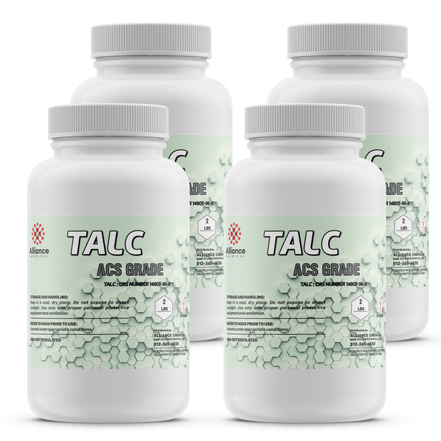 2-lb bottles of ACS-grade talc powder in HDPE containers with safety handling instructions, hexagonal molecular pattern