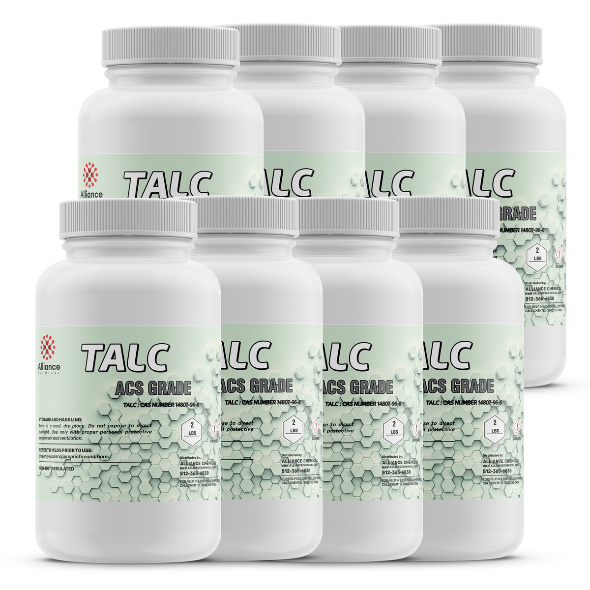 Seven Alliance Chemical Talc Powder ACS Grade bottles with white screw cap closures and product labels.