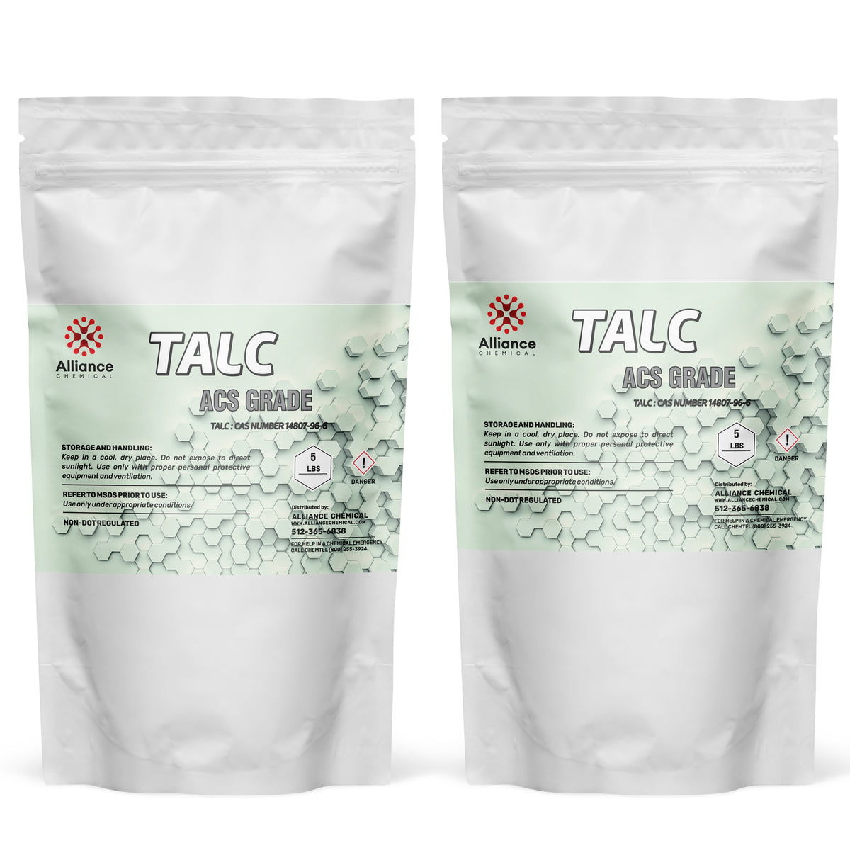 Two 5-lbs Alliance Chemical Talc Powder ACS Grade in white plastic bags with labels and a zip closures.