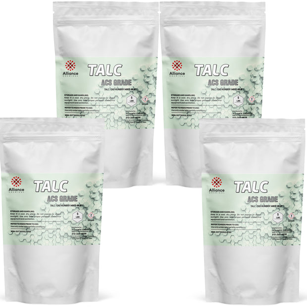 Four 5-lbs bags of Alliance Chemical Talc Powder ACS Grade with labels and sealed tops.
