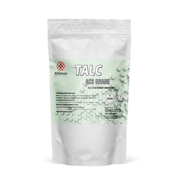One 5-lbs bag of Alliance Chemical Talc Powder ACS Grade with a resealable top and product label.